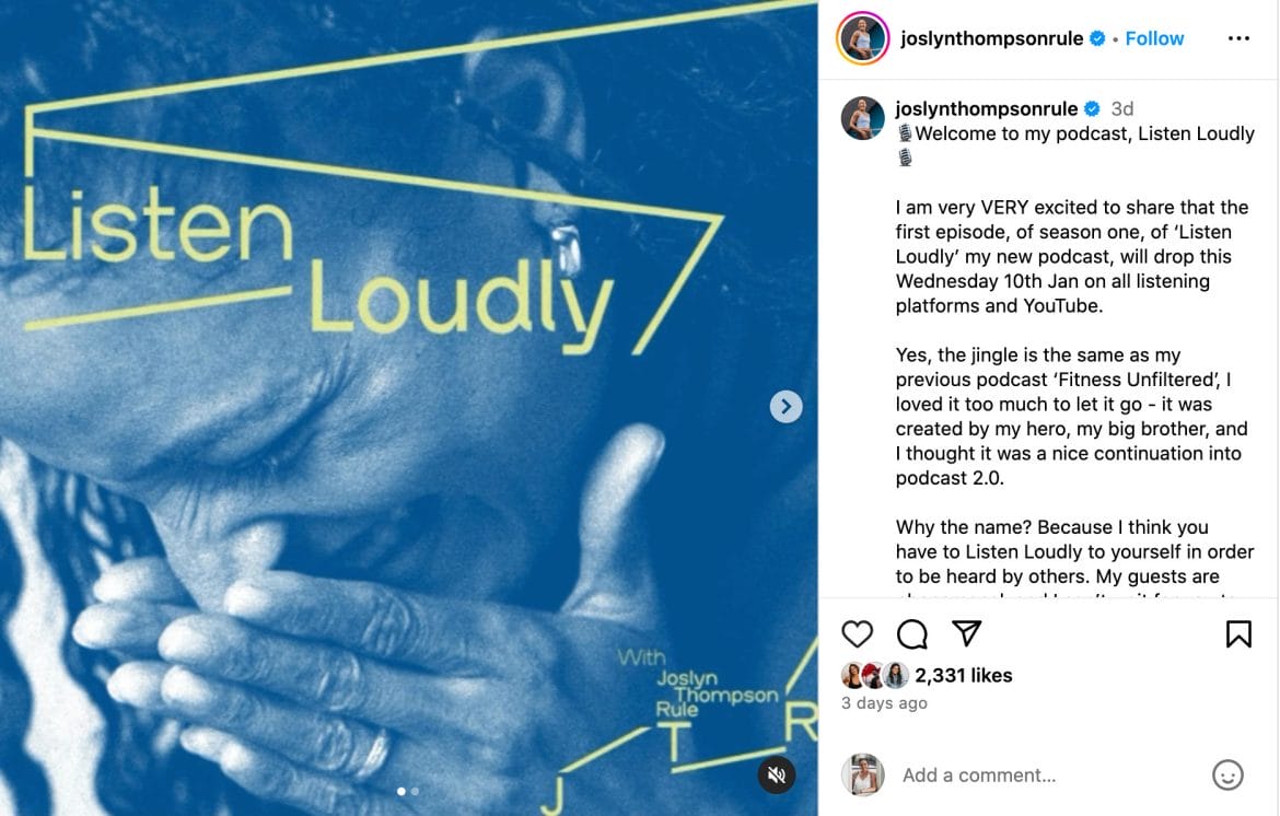 Joslyn Thompson Rule's Instagram post announcing new podcast.