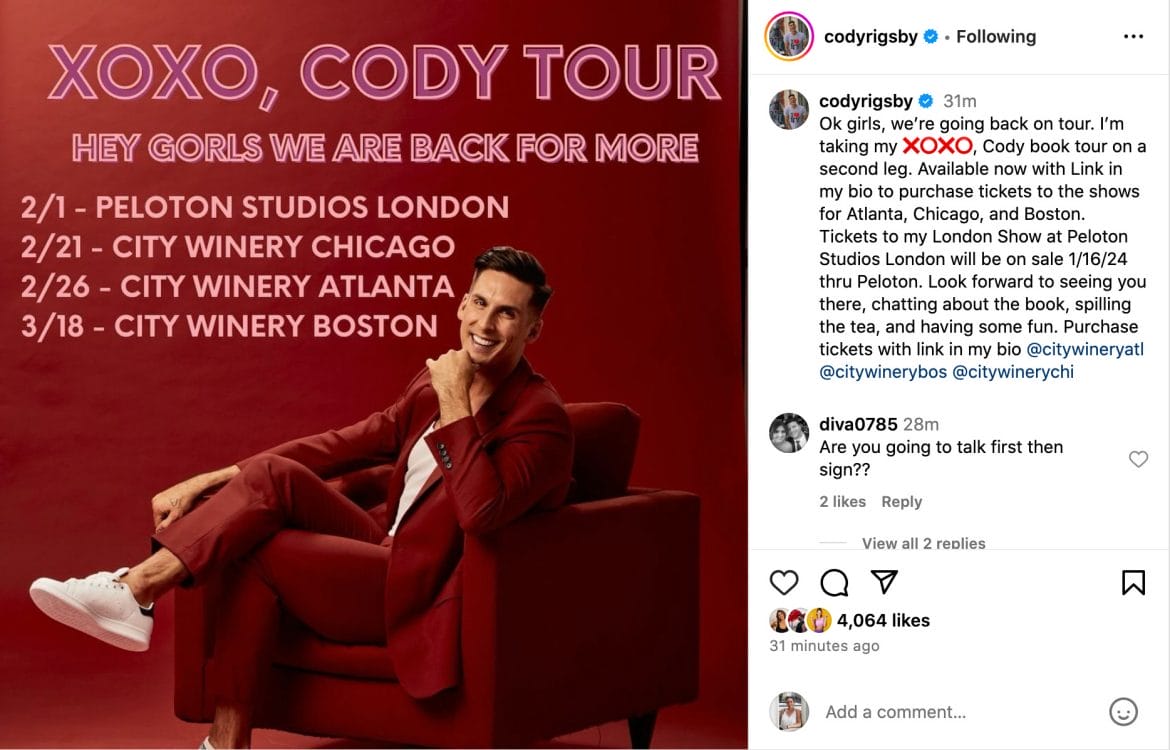 Cody Rigsby's Instagram post announcing second book tour.