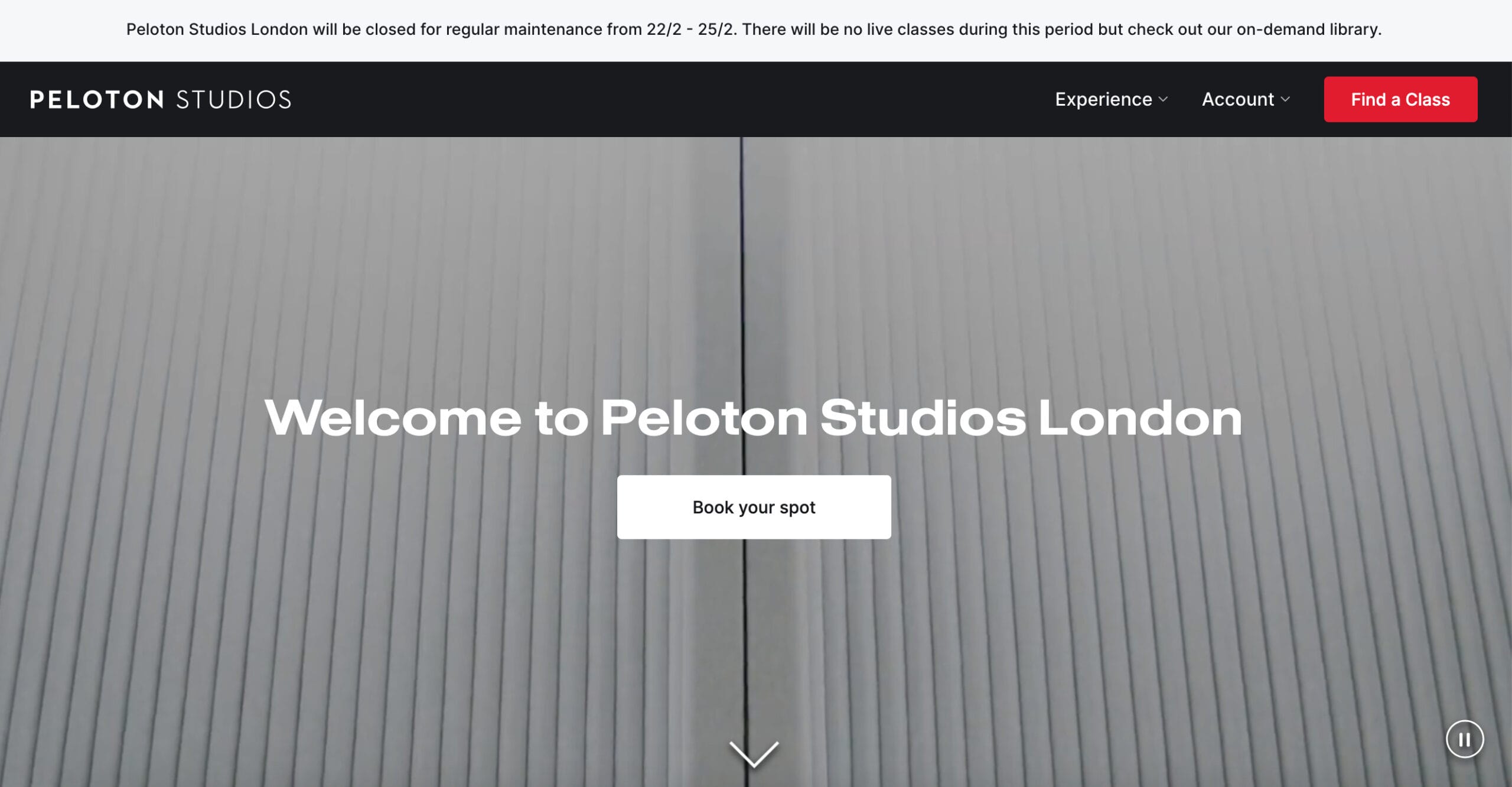 Peloton Studios London booking site with alert message about upcoming studio closure.