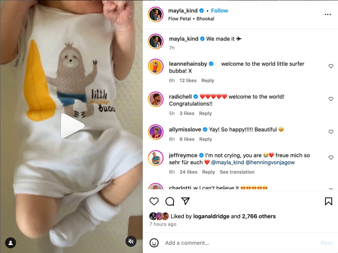 Mayla Wedekind's Instagram post announcing birth of her first child.