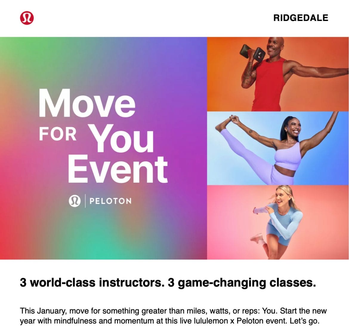 lululemon email promoting Move for You event.