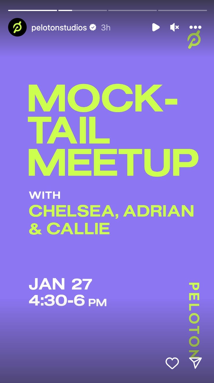 @PelotonStudios Instagram Story announcing Mocktail Meetup event.