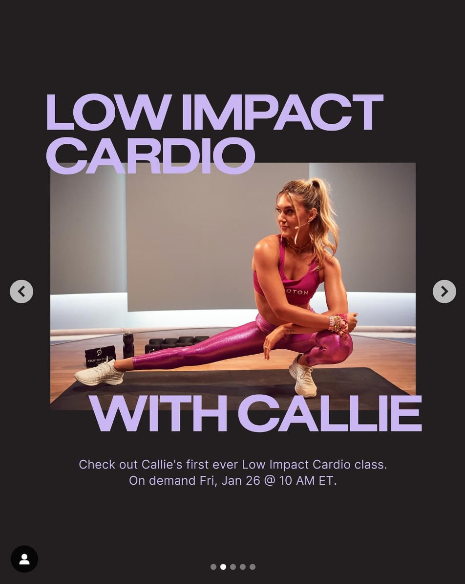 @PelotonStudios Instagram post announcing low impact cardio with Callie. Image credit Peloton social media.