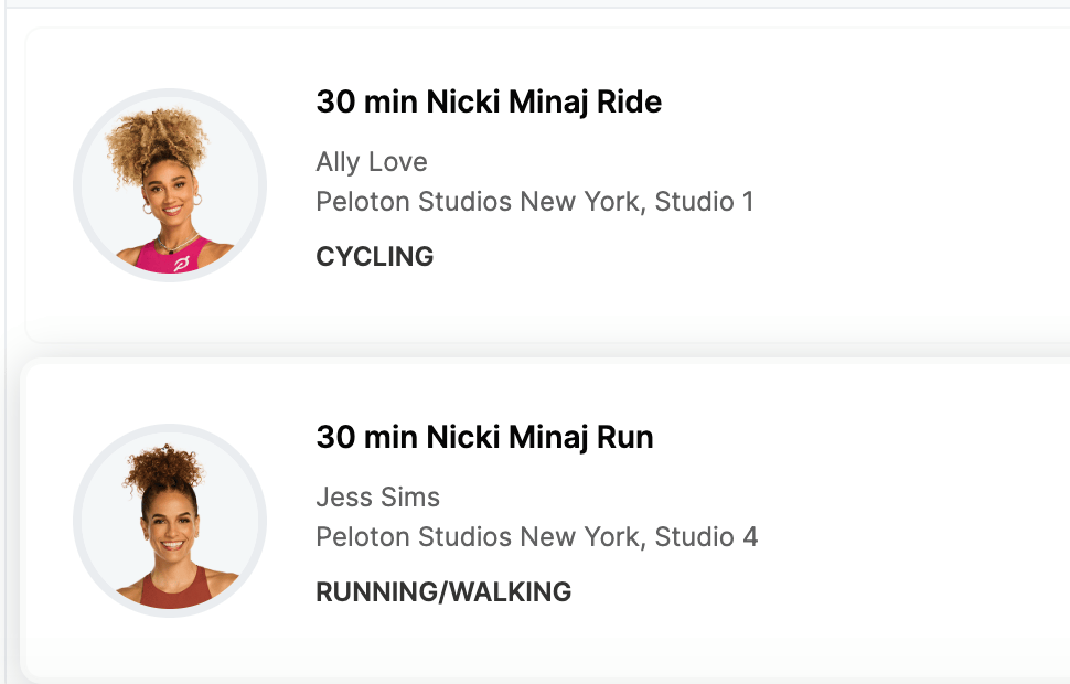 Peloton Nicki Minaj classes on studio booking site.