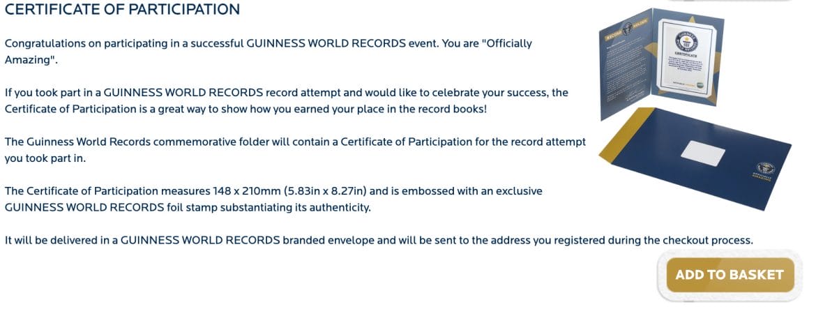 Guinness World Records certificate of participation