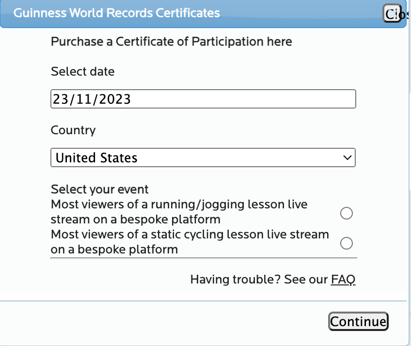 Guinness World Records certificate of participation date and country selection page