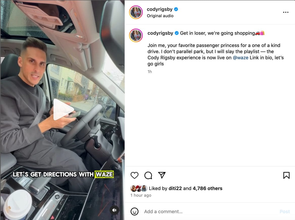 Cody Rigsby's Instagram post announcing partnership with Waze.