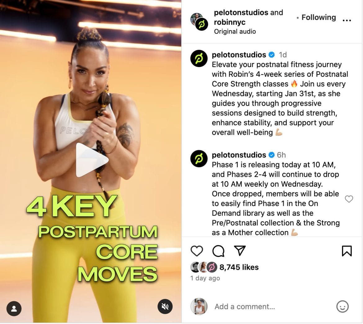 Peloton Instagram post announcing postnatal core strength series with Robin Arzón.