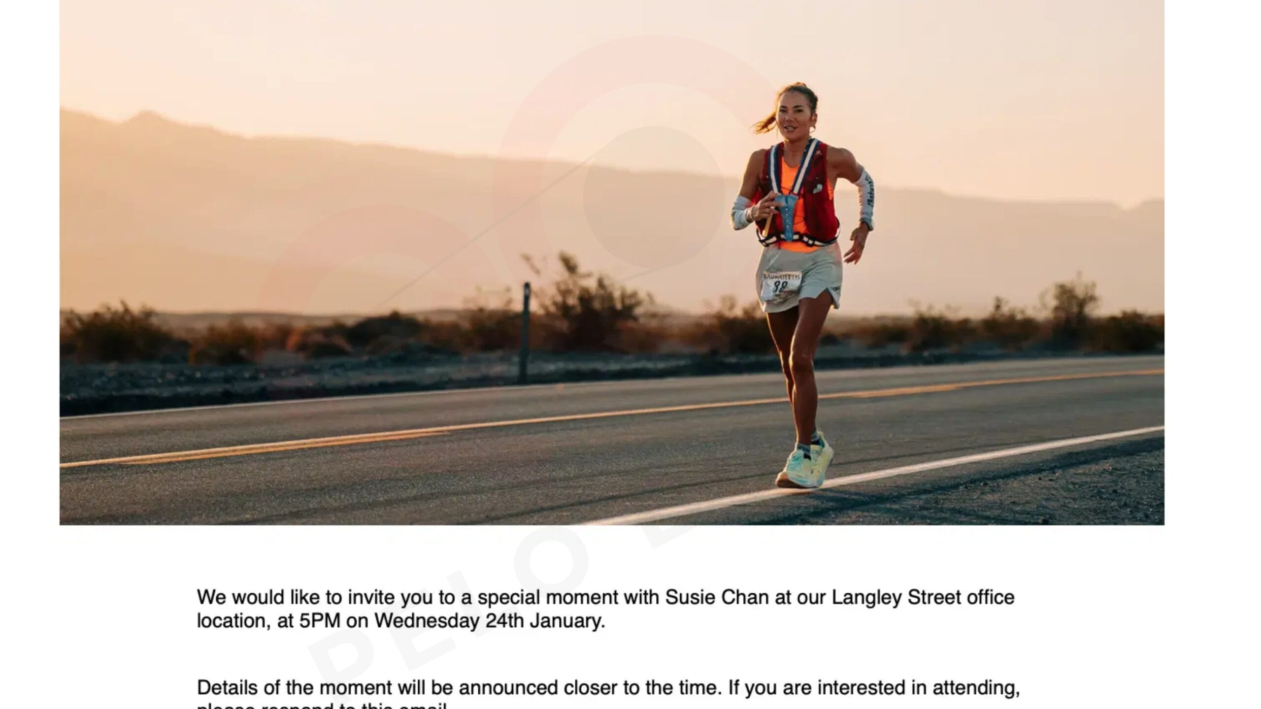 Peloton email inviting members to A Special Moment with Susie Chan.