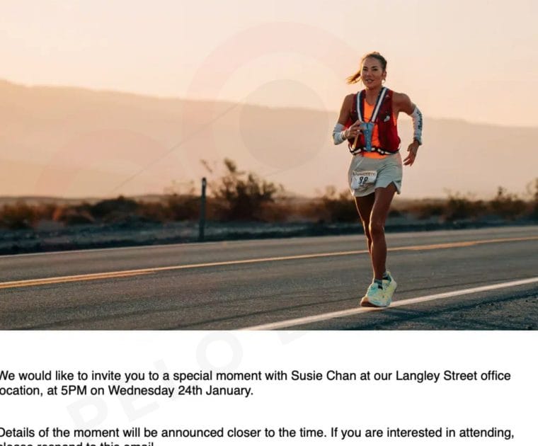 Peloton email inviting members to A Special Moment with Susie Chan.