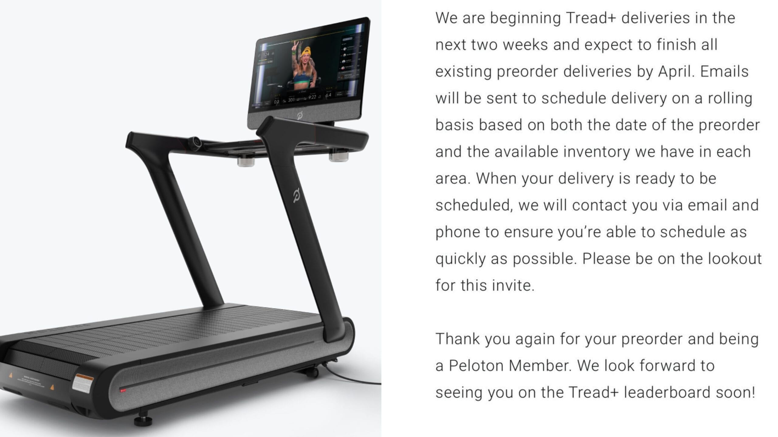 Image of Tread+ next to screenshot of update email from Peloton about Tread+ delivery dates.