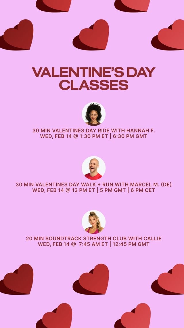 Peloton's 2024 Valentine's Day class schedule. Image credit Peloton social media.
