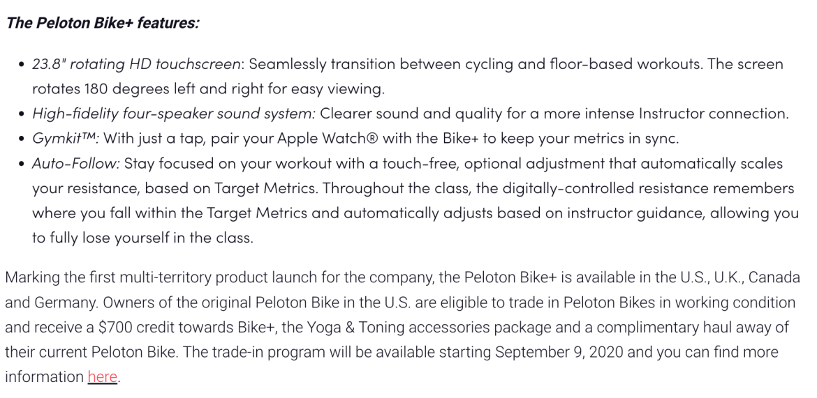Press release from Peloton advertising GymKit as one of the main Peloton Bike+ features.