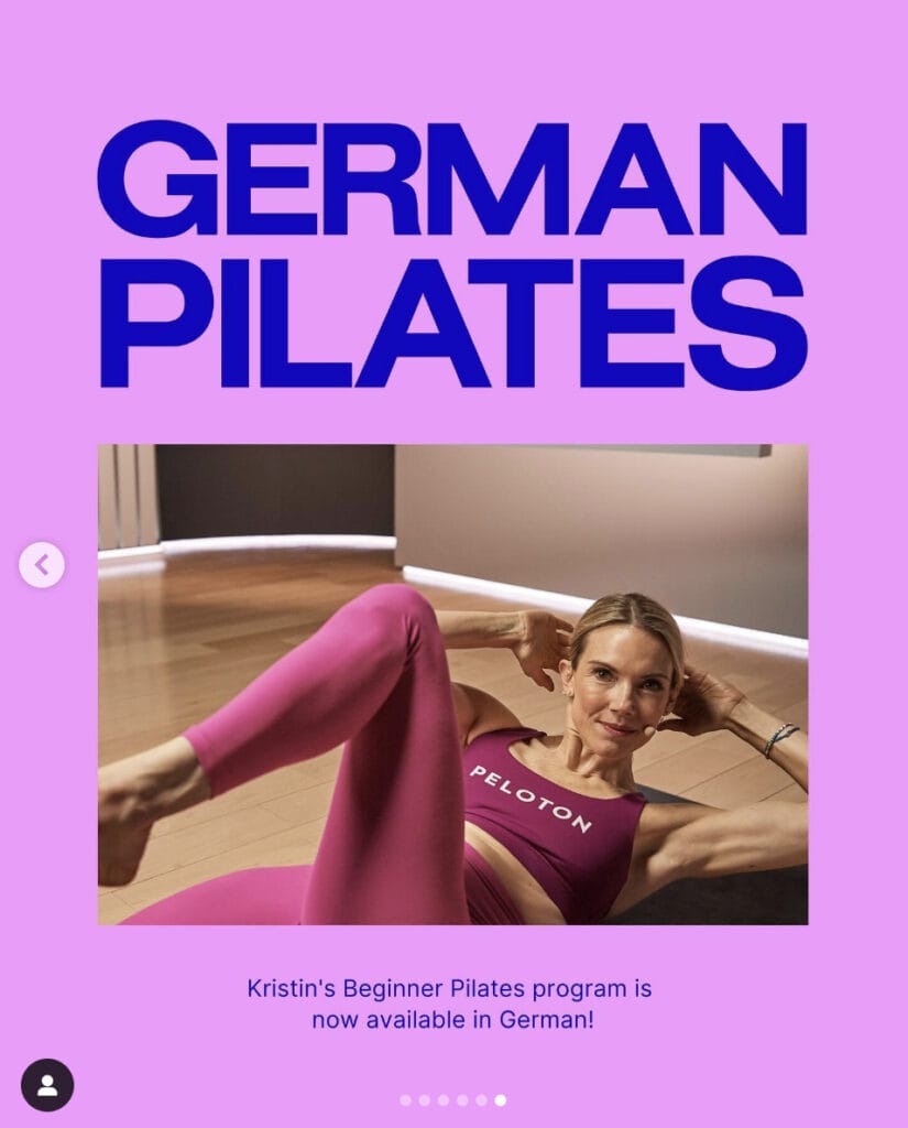 Peloton’s “This Week at Peloton” Instagram post highlighting Beginner Pilates (German Version). Image credit Peloton social media.