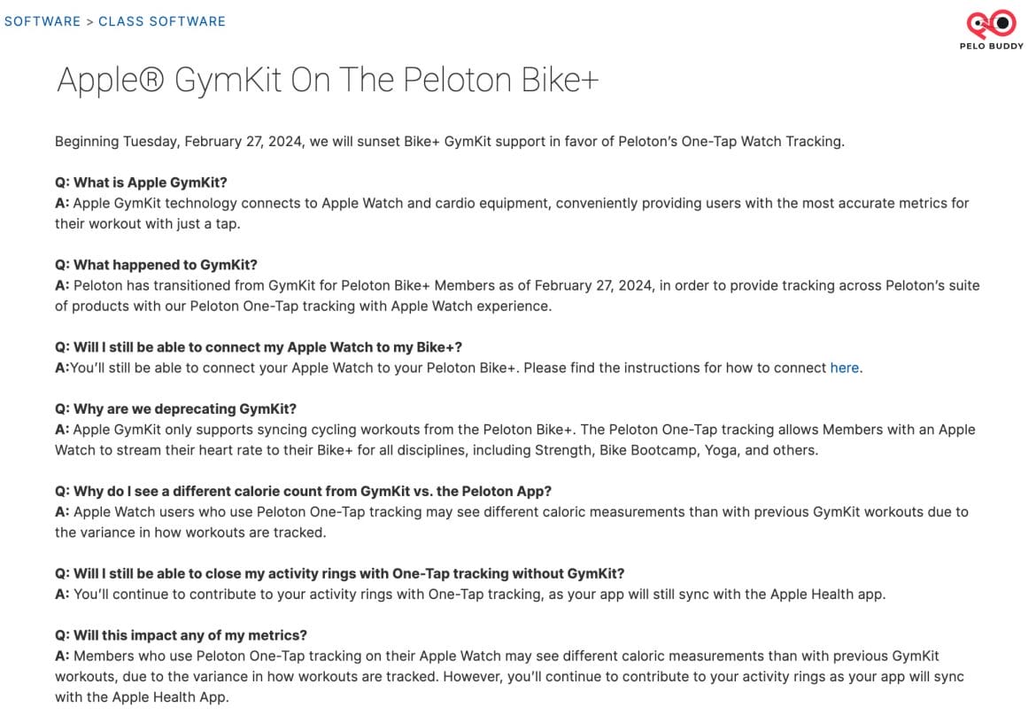 Peloton support page explaining that the Peloton Bike+ would no longer have GymKit support.