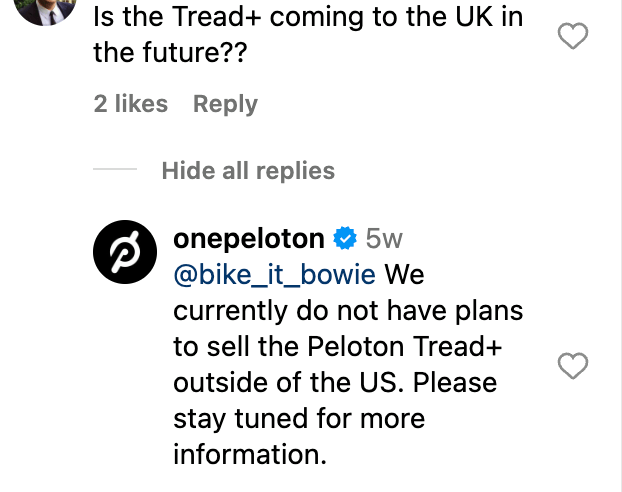 Post from Peloton about Tread+ outside the US