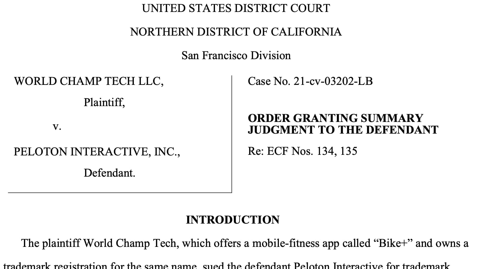 Screenshot of ruling in Peloton vs World Tech Champ trademark lawsuit over Bike+ name