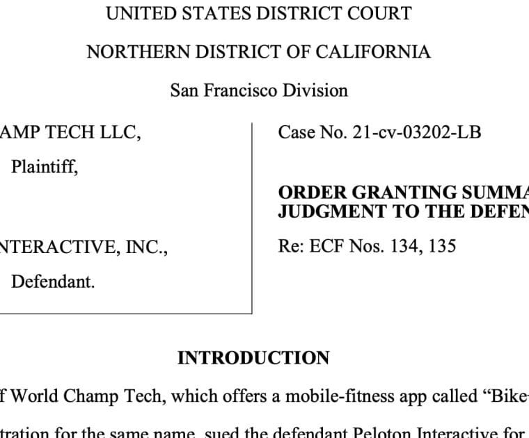 Screenshot of ruling in Peloton vs World Tech Champ trademark lawsuit over Bike+ name