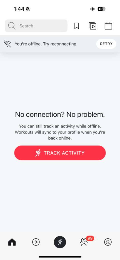 Message on Peloton app with no internet connection.