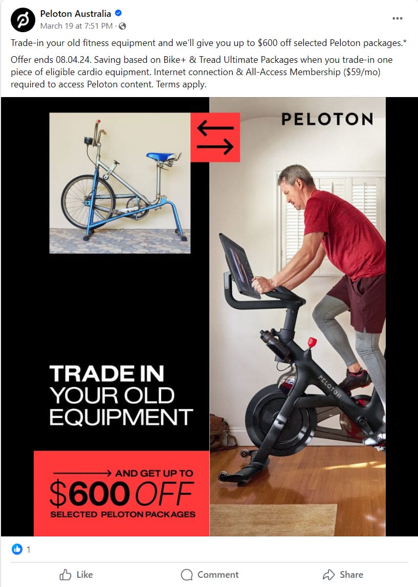 Peloton Australia Facebook post announcing trade-in program