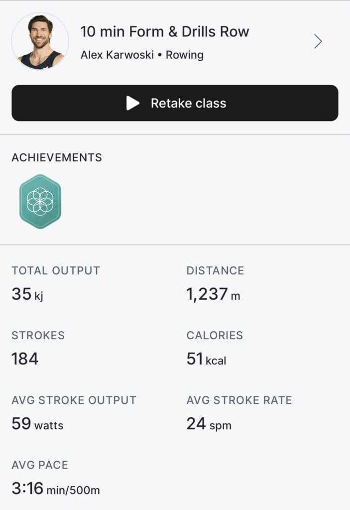 Post-class statistics displayed with third party rower connected to Peloton app.