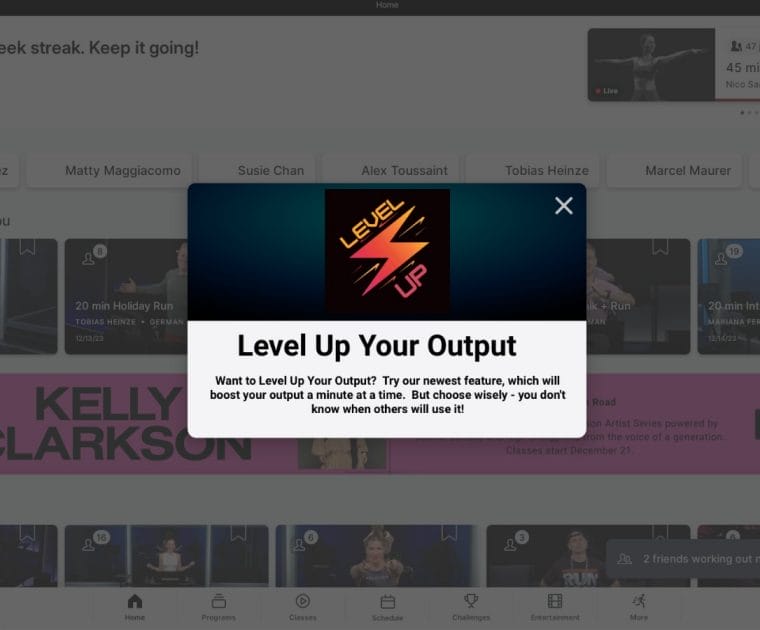 Screenshot of Peloton's new "Level Up" feature alert on Peloton Tread.