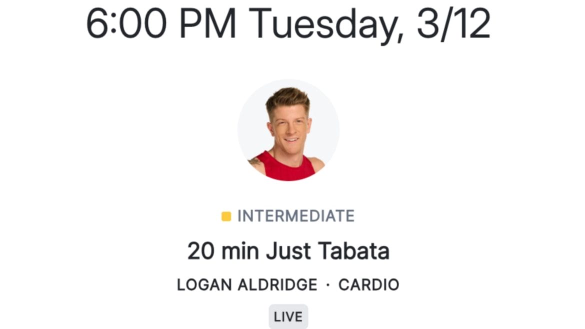 First Just Tabata class on the upcoming Peloton class schedule with Logan Aldridge.