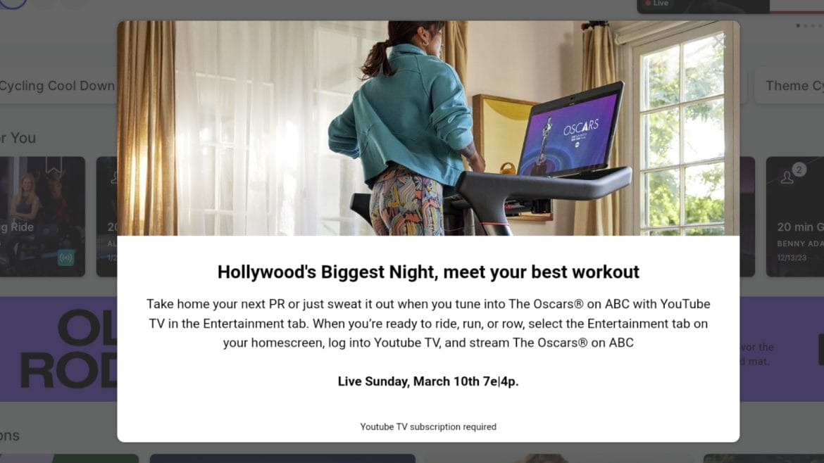New popup advertising watching the Oscars on Peloton Entertainment.