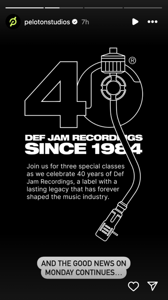 @PelotonStudios Instagram Story announcing Def Jam Recordings classes. Image credit Peloton social media.