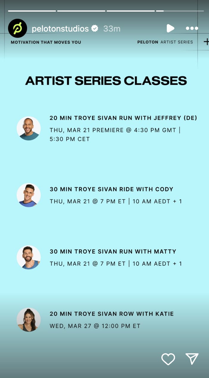 Peloton's Troye Sivan artist series class list. Image credit Peloton social media.