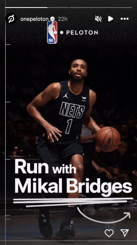 @OnePeloton Instagram Story announcing Tread class with Mikal Bridges. Image credit Peloton social media.