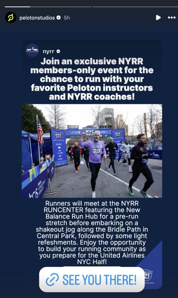 @PelotonStudios Instagram Story announcing NYC outdoor run event. Image credit Peloton social media.