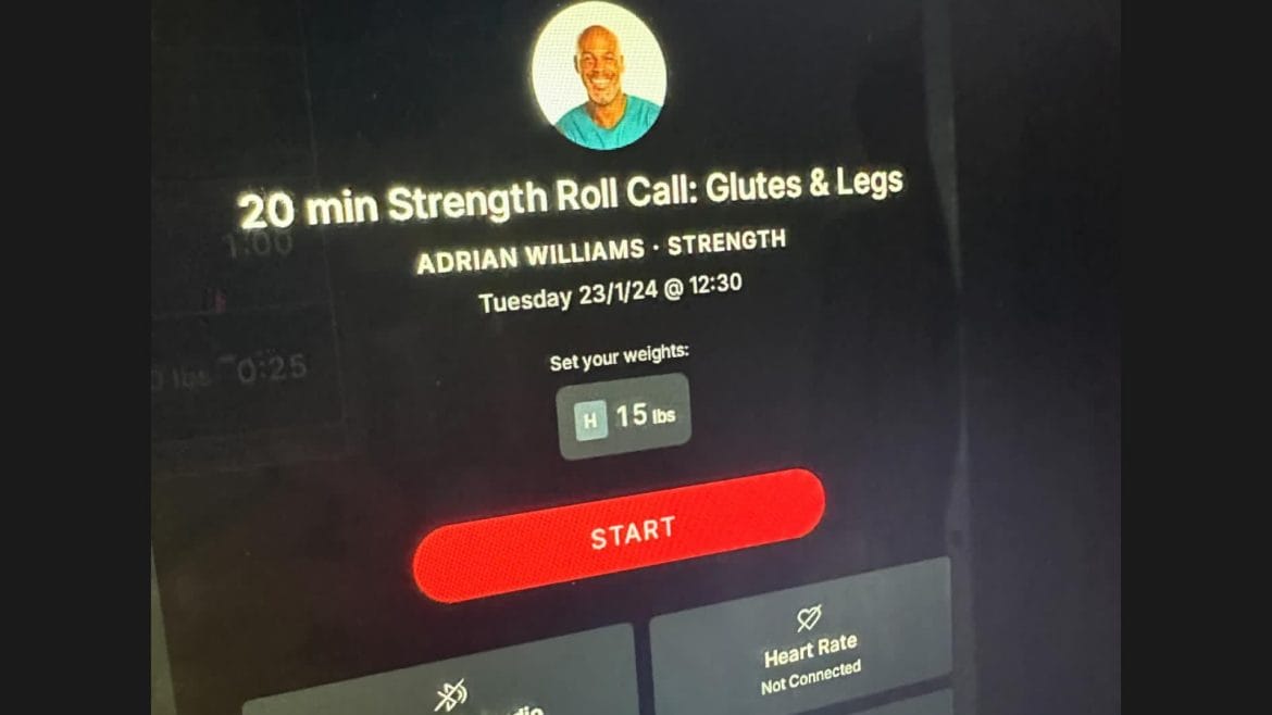 Starting a strength class on the Peloton Bike with a Guide-like user interface.