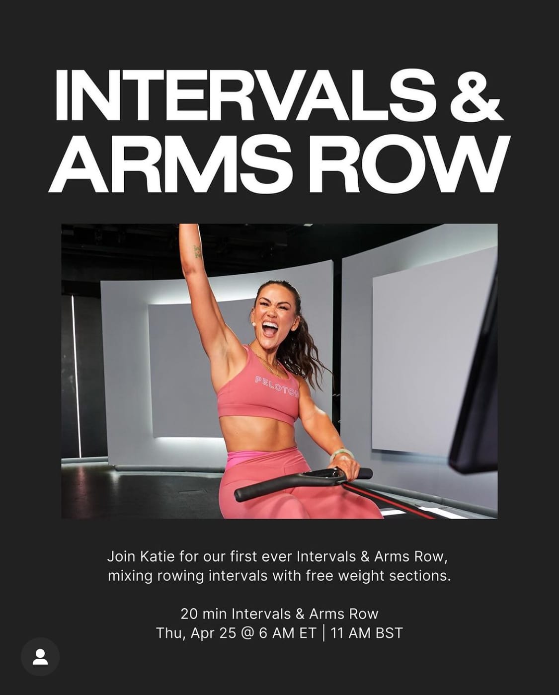 Peloton’s “This Week at Peloton” Instagram post highlighting 20 minute Intervals & Arms row with Katie Wang. Image credit Peloton social media.