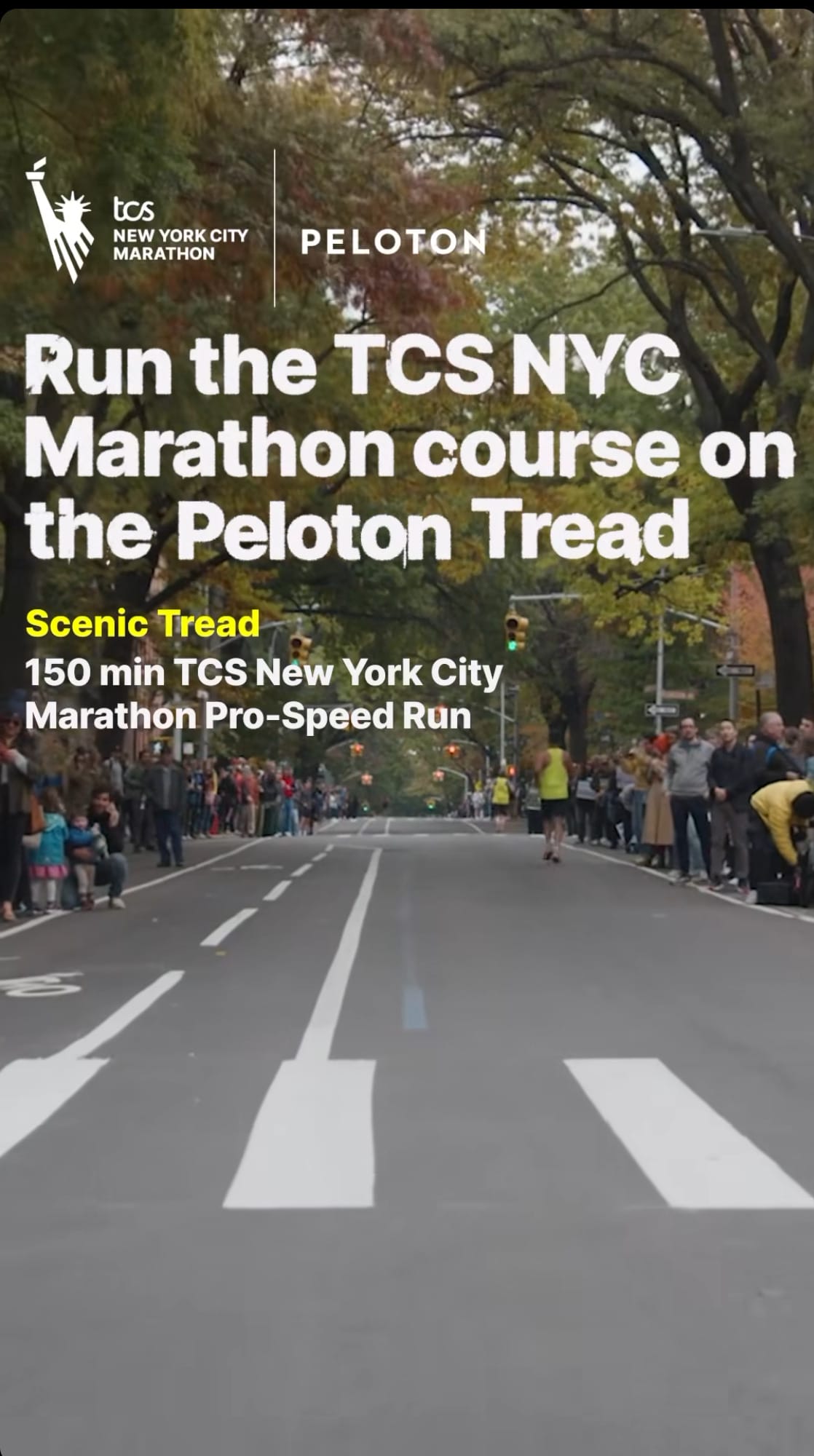 Peloton Instagram story highlighting new 150-minute scenic run through NYC Marathon course. Image credit Peloton social media.