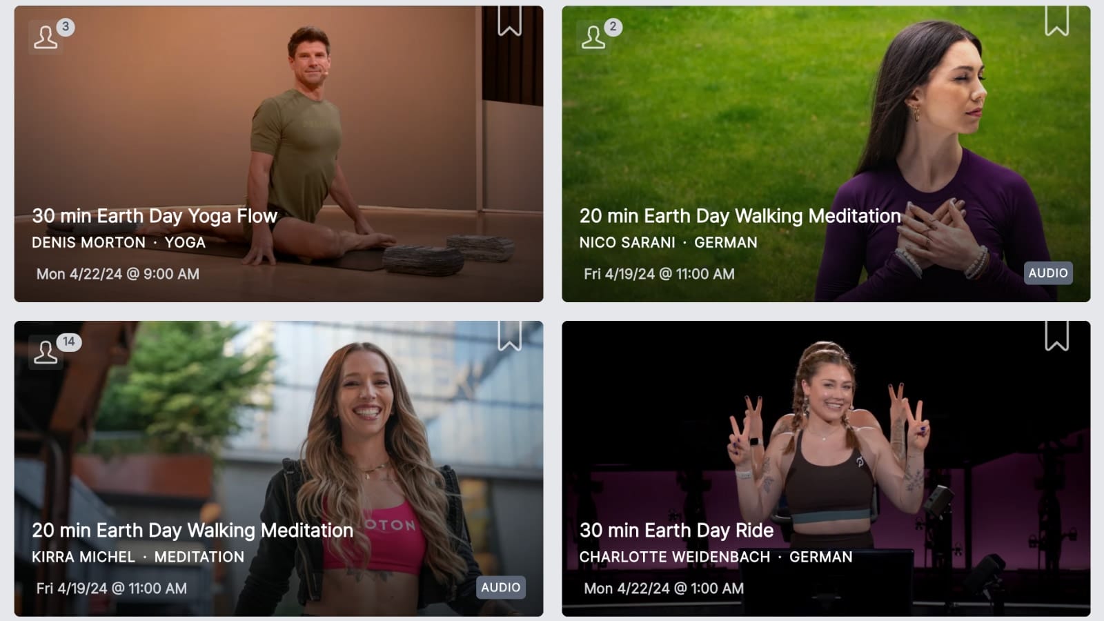 Some of the Earth Day 2024 classes in Peloton's on-demand library.