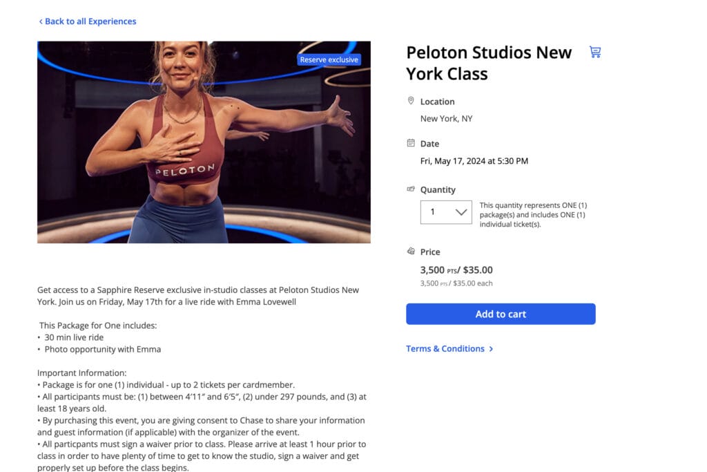Peloton event with Emma Lovewell on Chase Experiences website.