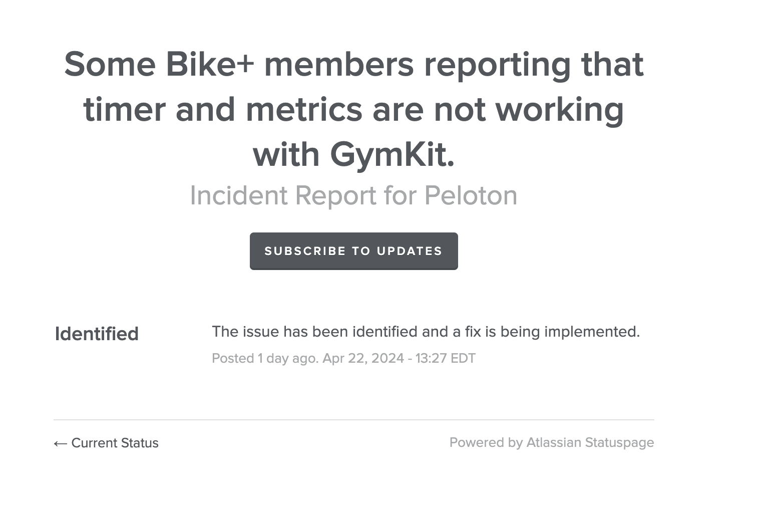 A new bug has been created related to the Apple Watch GymKit and Peloton Bike+