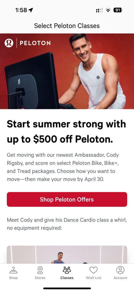 Peloton offer in lululemon app.