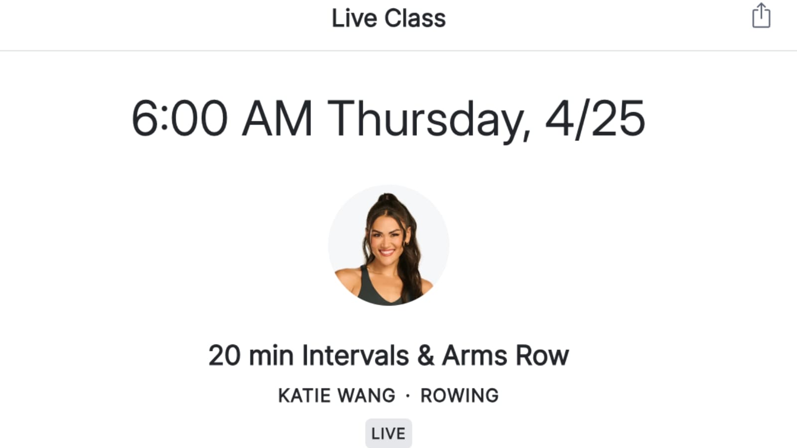 Peloton Intervals & Arms rowing class with Katie Wang on the schedule.