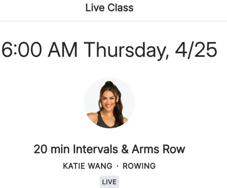 Peloton Intervals & Arms rowing class with Katie Wang on the schedule.