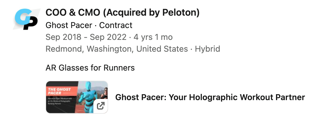 Post from a former Ghost Pacer employee on LinkedIn indicating Peloton acquired LinkedIn.