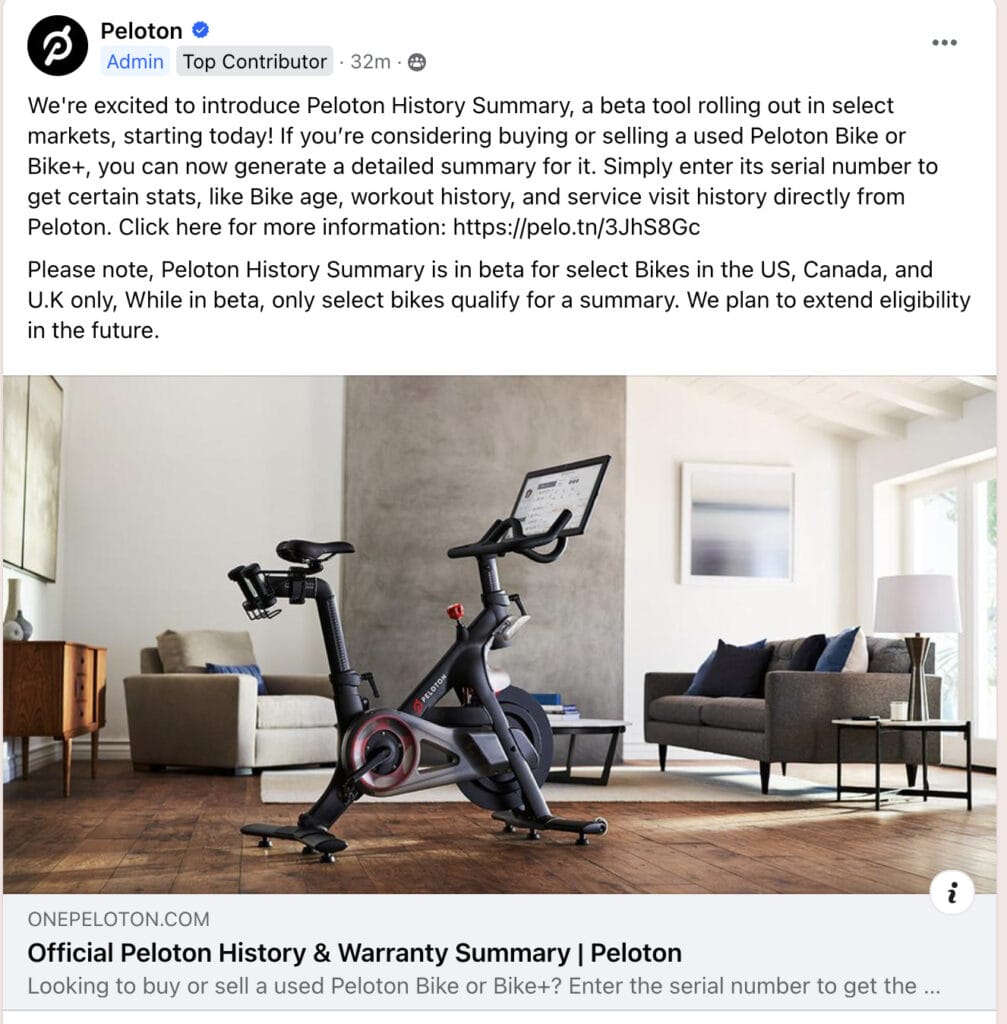 Peloton post in Official Peloton Member Page on Facebook about Peloton History Summary tool