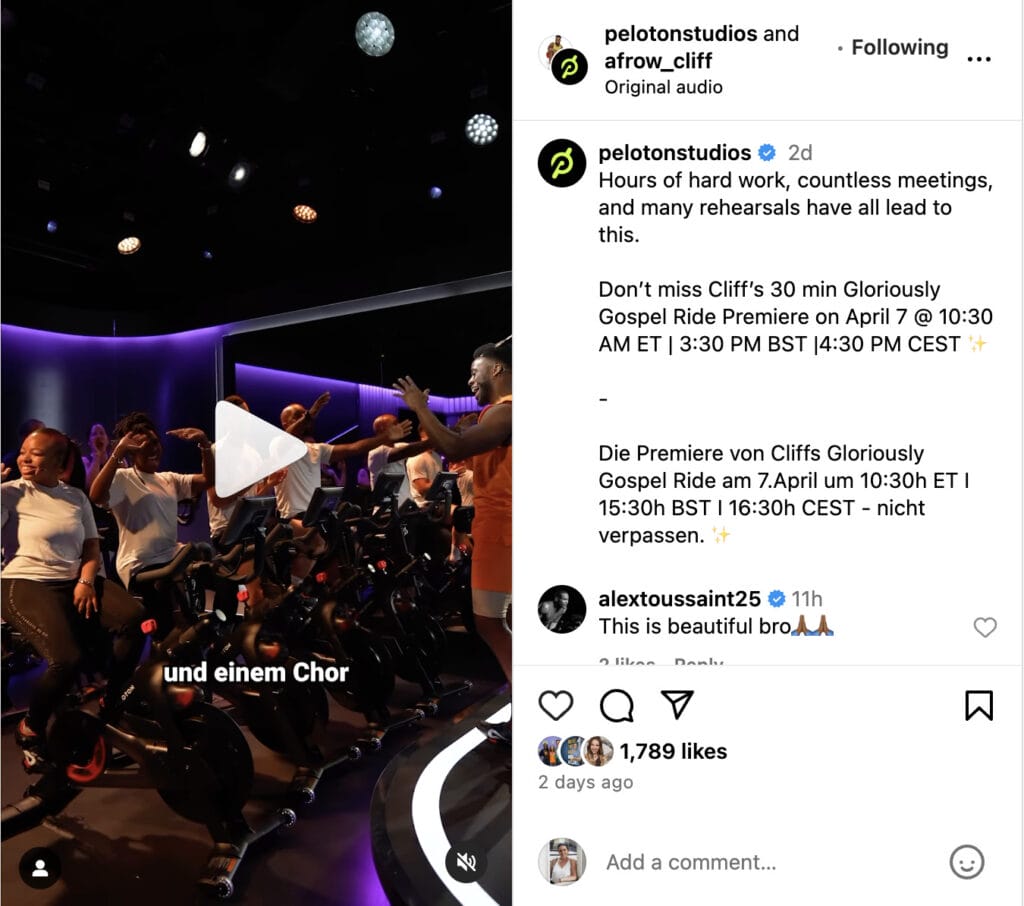 @PelotonStudios Instagram post announcing new Gloriously Gospel series with Cliff Dwenger.