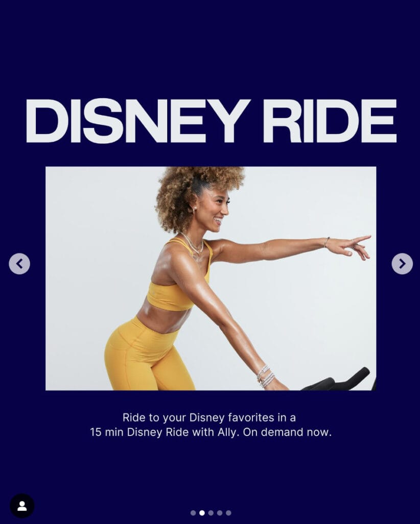 Peloton’s “This Week at Peloton” Instagram post highlighting new Disney Ride with Ally Love. Image credit Peloton social media.