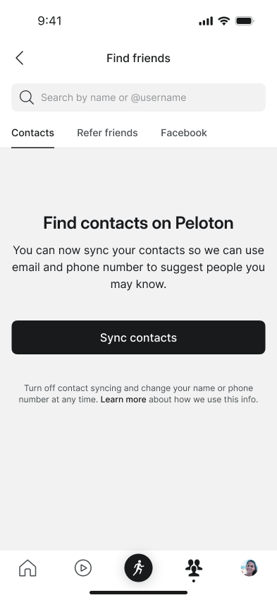 The Peloton app updated where you can search by real name, or sync your contacts.