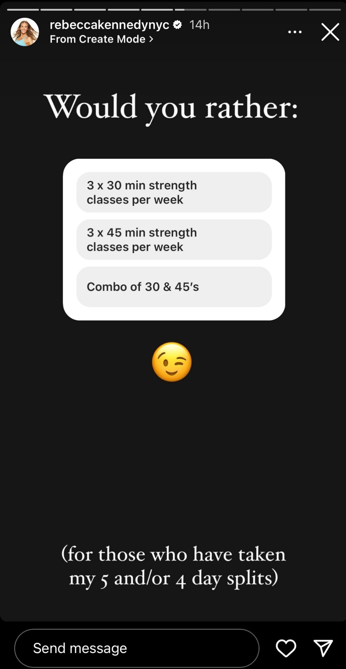 Peloton instructor Rebecca Kennedy shared poll on Instagram regarding potential strength split