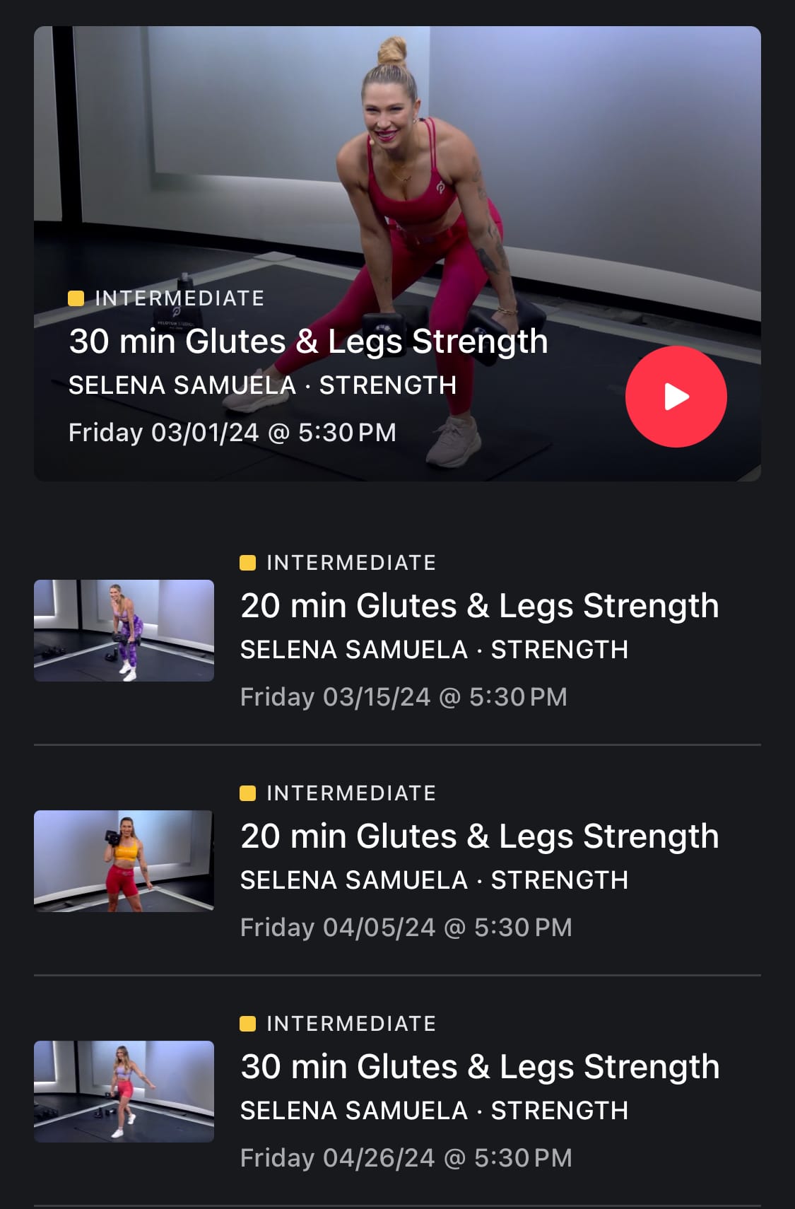Class stack of Selena's Power 4 Glutes & Legs classes