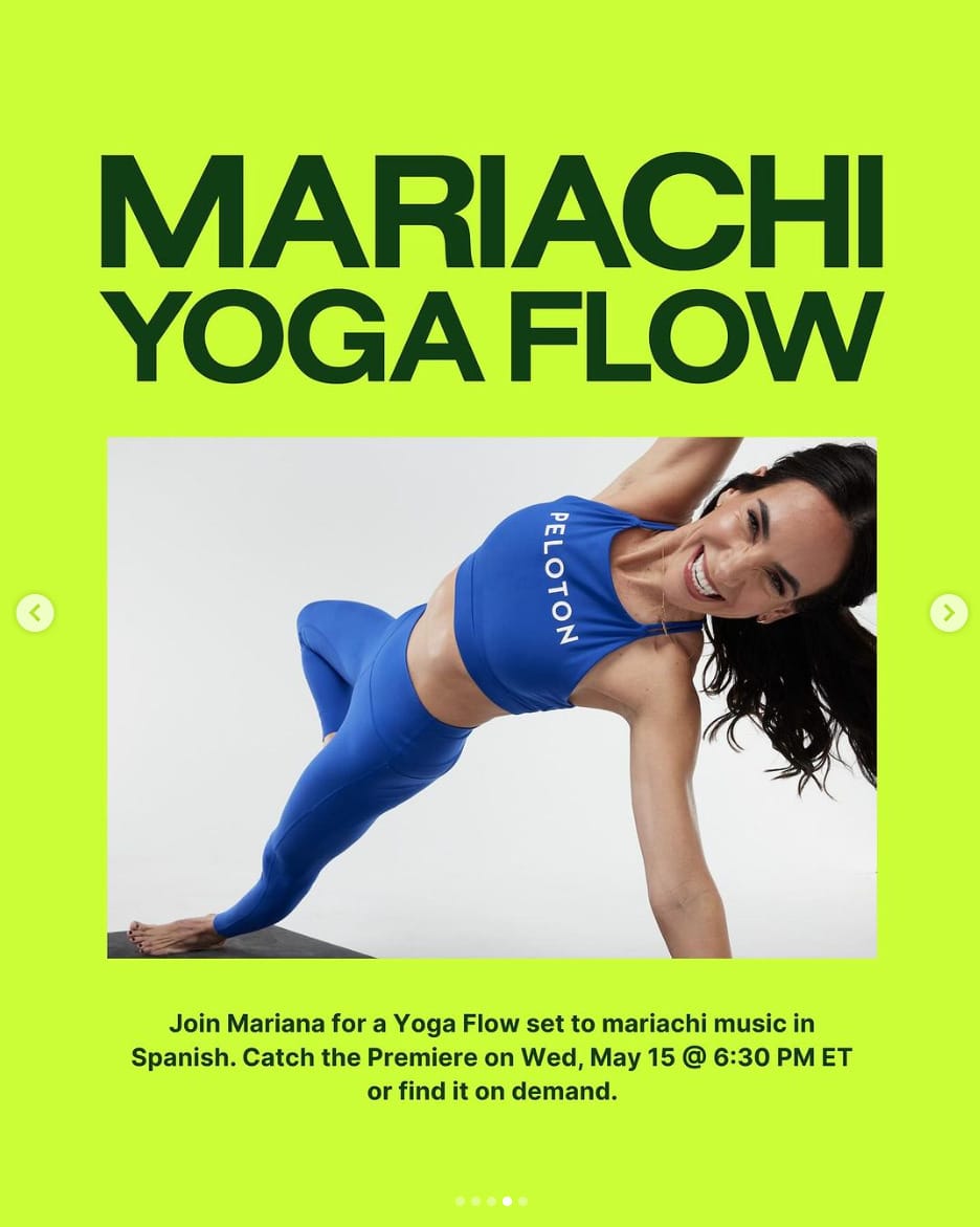 Peloton’s “This Week at Peloton” Instagram post highlighting Mariachi yoga flow in Spanish with Mariana Fernández. Image credit Peloton social media.