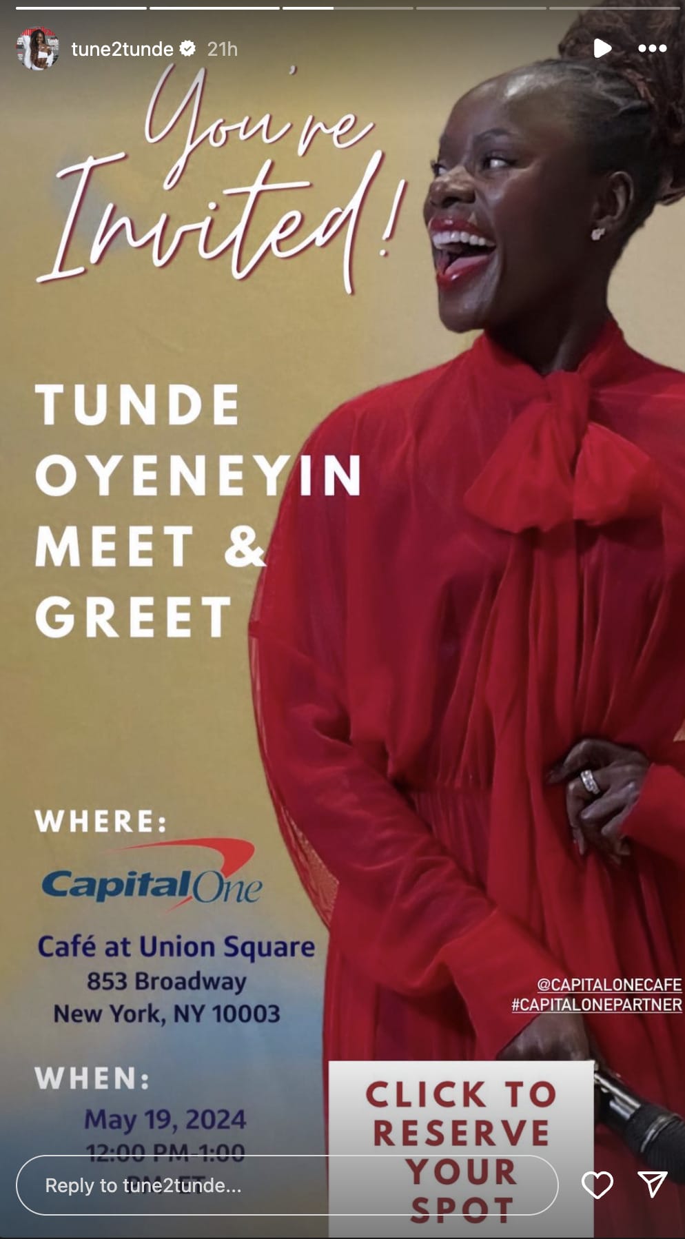 Tunde's Instagram story with details on May 19 Meet and Greet